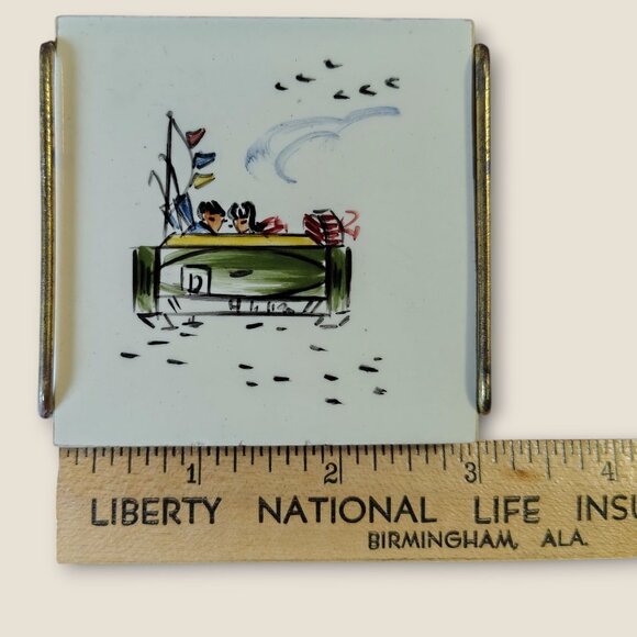 Vintage Miniature Hand Painted Ceramic Coasters Set Of 2 With Vintage Car Desig - Picture 7 of 11